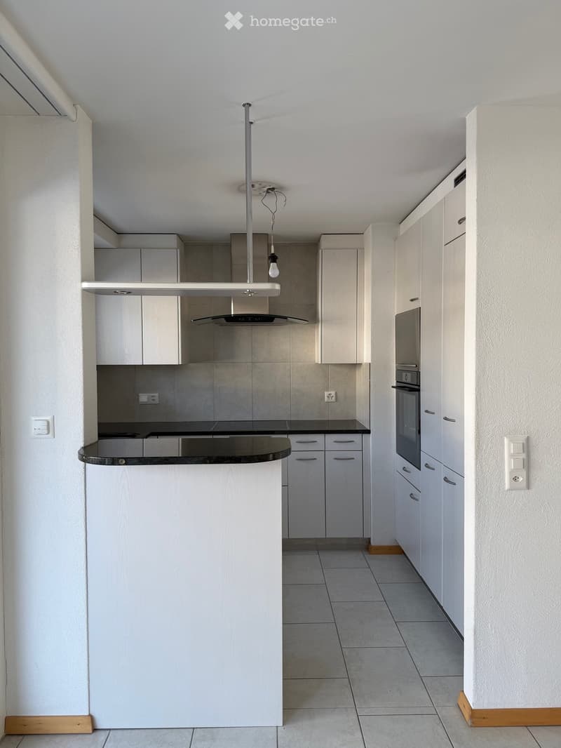 modern kitchen, white cabinetry, black countertops, integrated oven and refrigerator, pendant light, tiled flooring