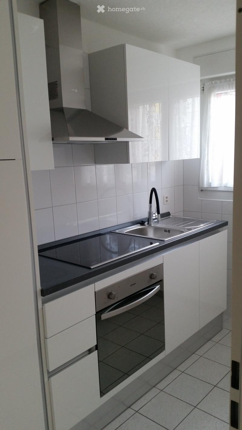 Fully fitted modern kitchen with integrated oven, stove top, fridge, dishwasher and sink.