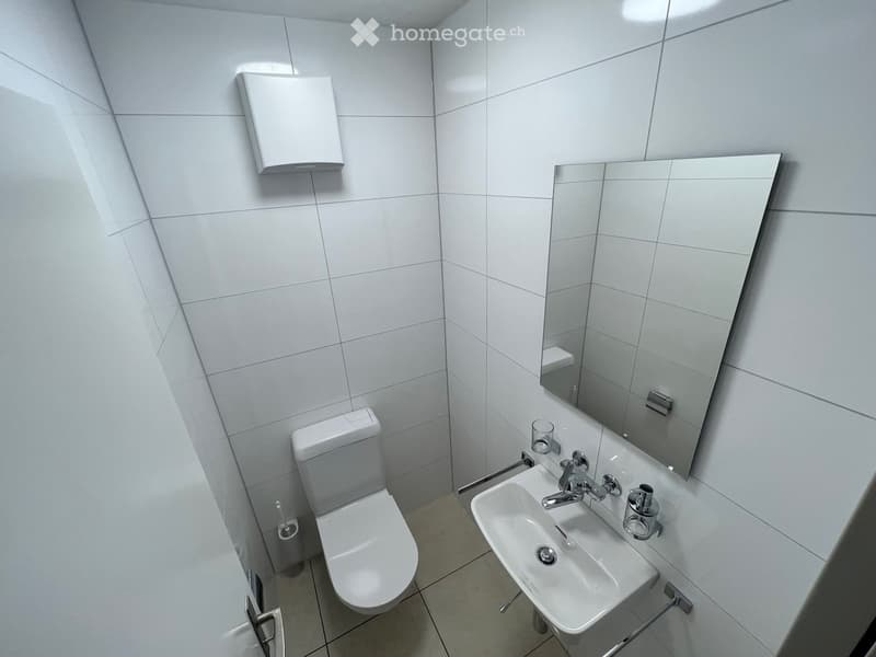 Modern bathroom with white tiles, a toilet, a sink with a mirror, and a soap dispenser.