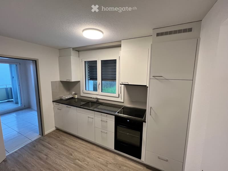 Modern kitchen with white cabinets, black countertop, stainless steel sink, and built-in oven. Features a large window with blinds and a sliding door leading to a balcony.