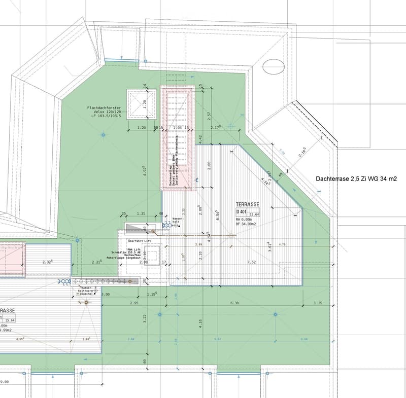 Floor plan showing a roof terrace area with labeled dimensions and features, including a flat roof window, water connections, and a roof terrace labeled as 2.5 Zi WG 34 m2.