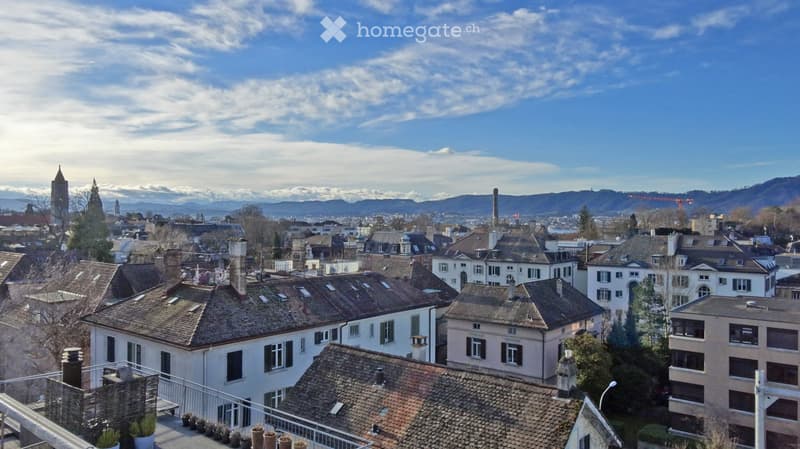 Panoramic cityscape view with multiple buildings, chimneys, and distant mountains under a partly cloudy sky.