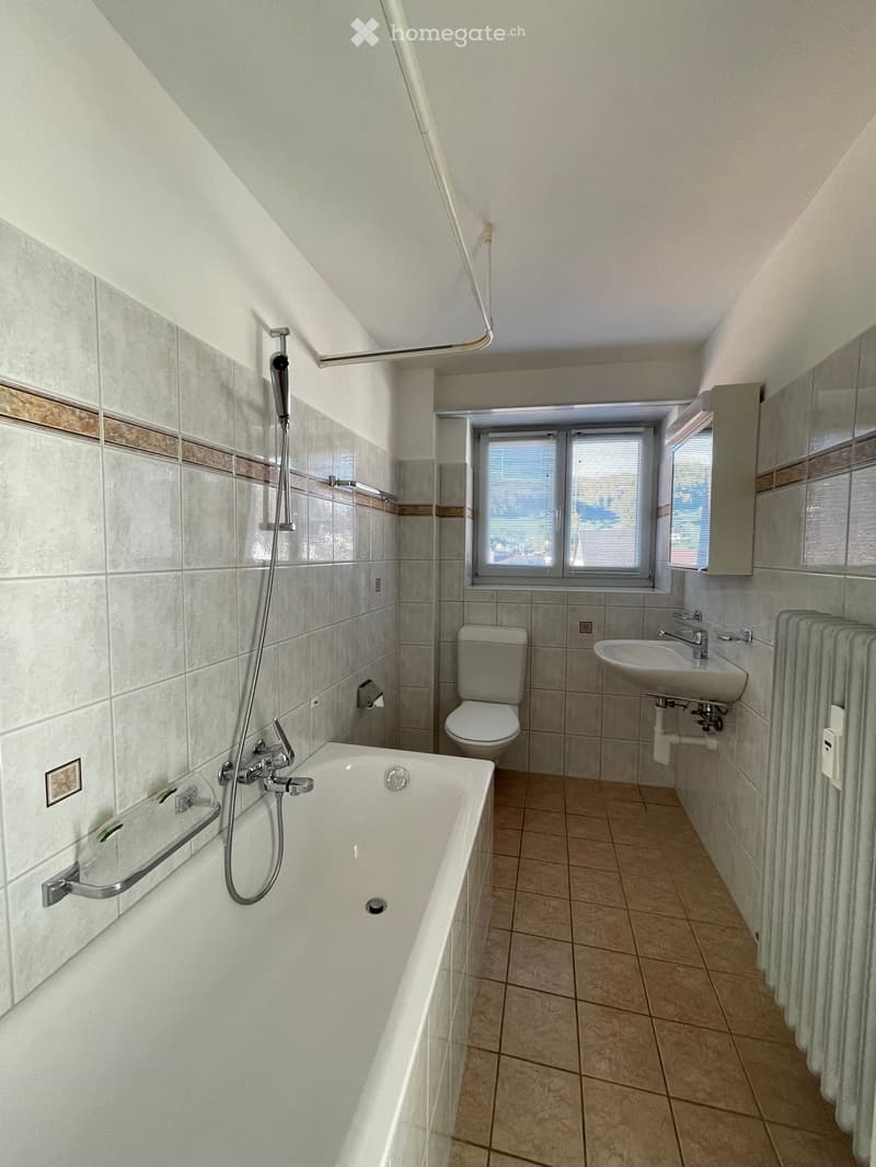 Bathroom: bathtub, shower, toilet, sink, radiator, tiled walls and floor, window