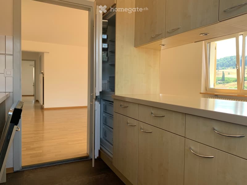 Modern kitchen with light wood cabinets, stainless steel dishwasher, and a large window overlooking a scenic view.