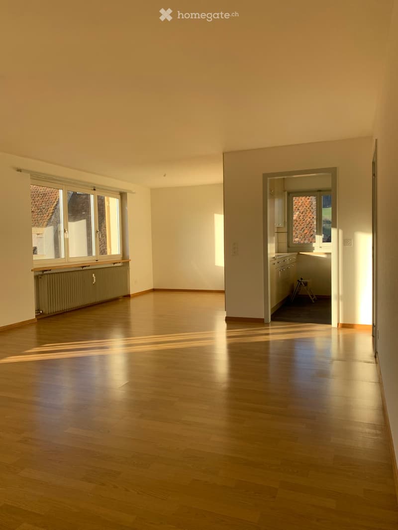 Empty room with wooden flooring, large windows, radiator, and a view of a tiled roof. Adjacent kitchen area visible with cabinets and a small stool.