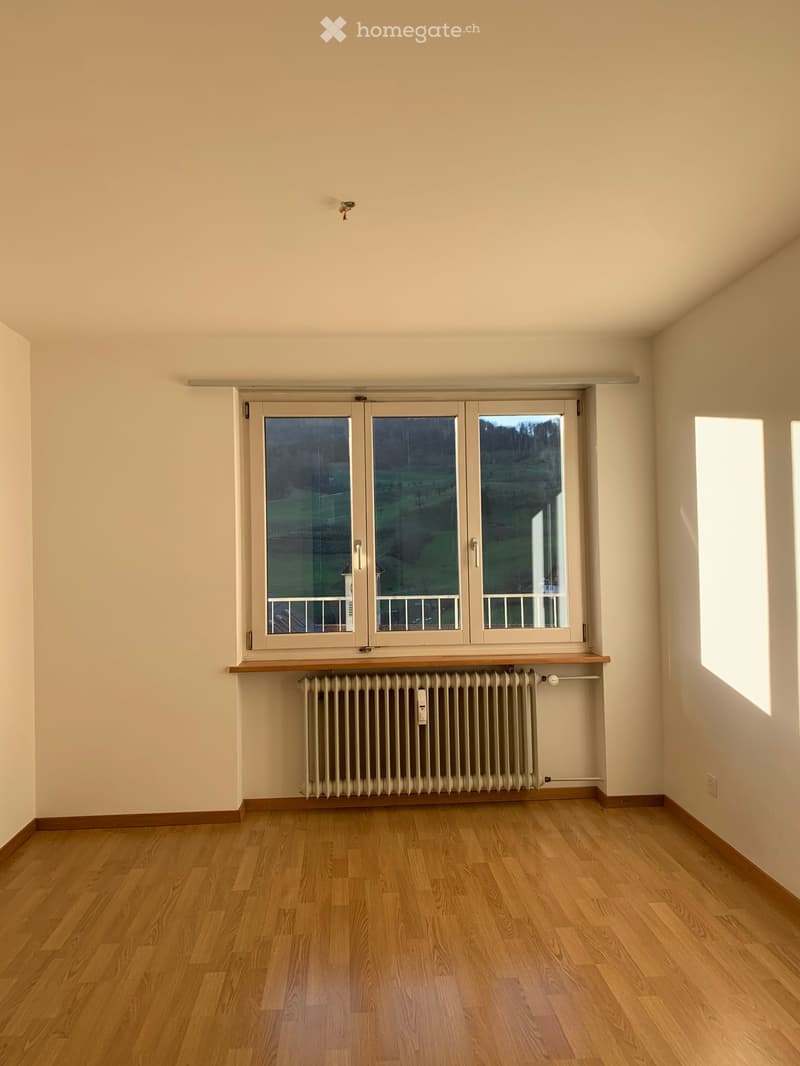 Empty room with wooden flooring, large window with view, radiator, and light fixture on the wall.
