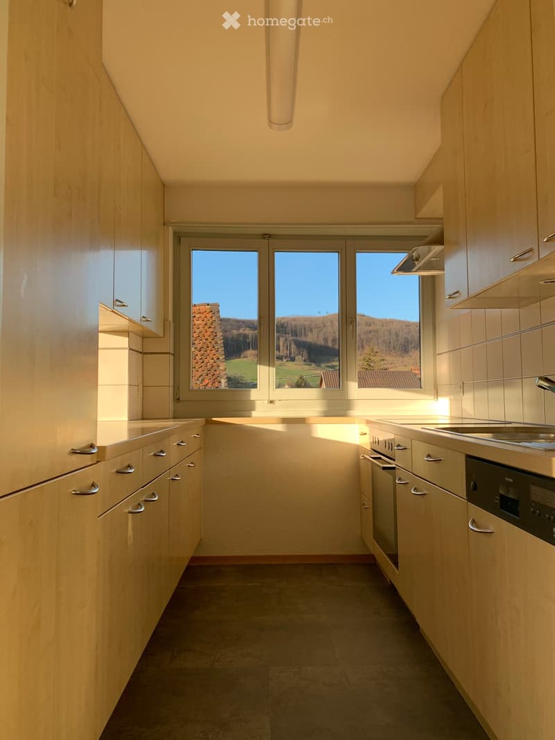 Modern kitchen with light wood cabinets, stainless steel appliances, and large windows overlooking a scenic landscape.