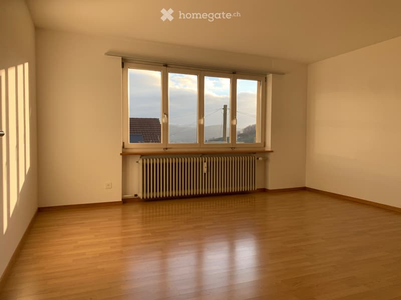 Empty room with wooden flooring, large windows, radiator, and light-colored walls.