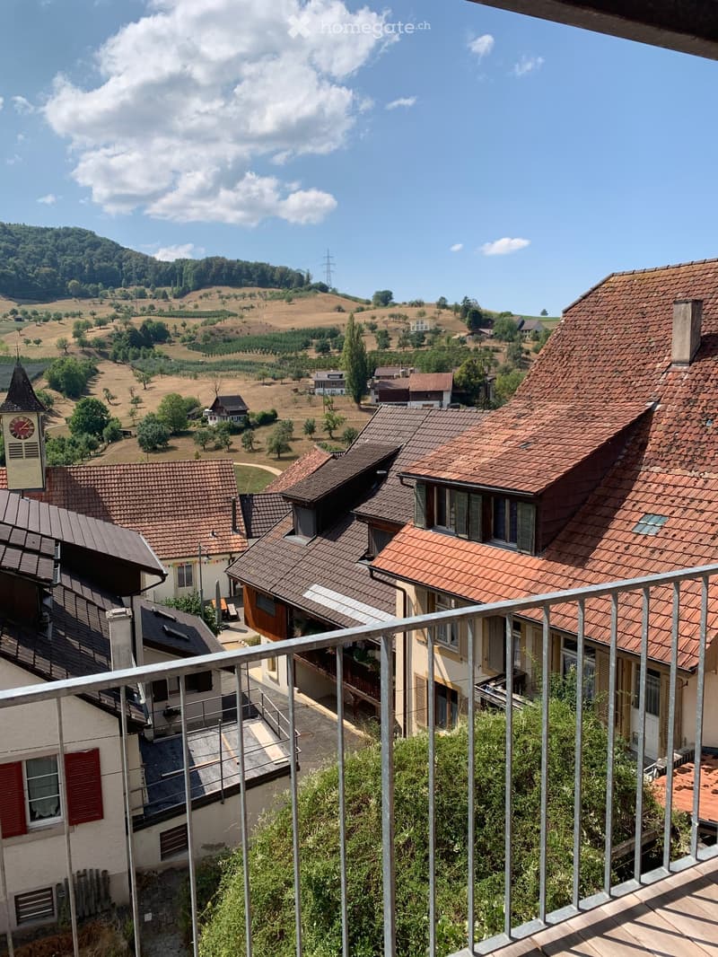 Balcony overlooking a scenic countryside with rolling hills, scattered trees, and traditional houses with red-tiled roofs.