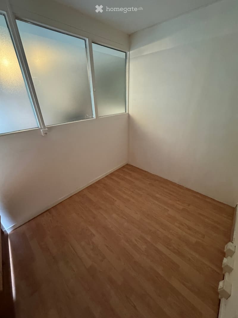 Empty room with light wooden flooring and white walls, featuring large windows with frosted glass panels.