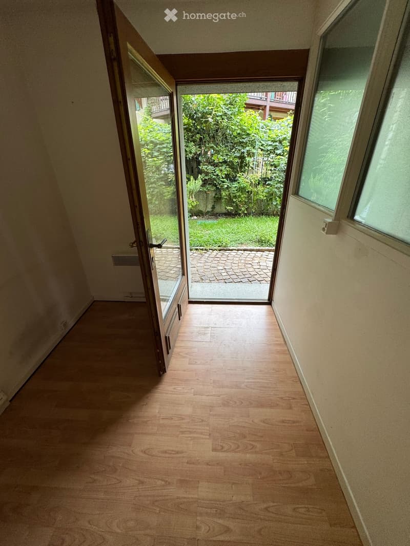 Empty hallway with wooden flooring, light-colored walls, and an open door leading to a garden area with greenery and a paved pathway.