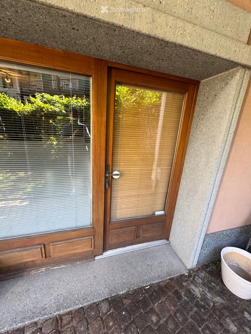 Entrance area with wooden double doors, glass panels, and blinds, leading to a concrete floor and brick-paved area.
