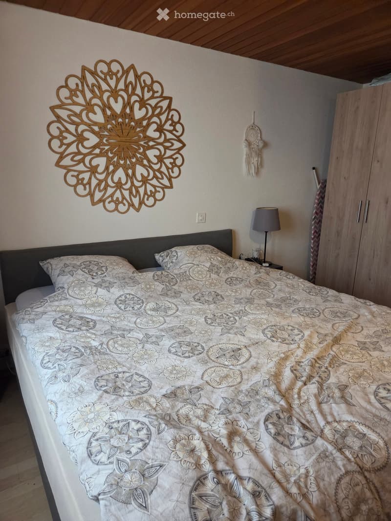 Cozy bedroom with a double bed, patterned duvet, nightstand with lamp, wardrobe, and decorative wall art.