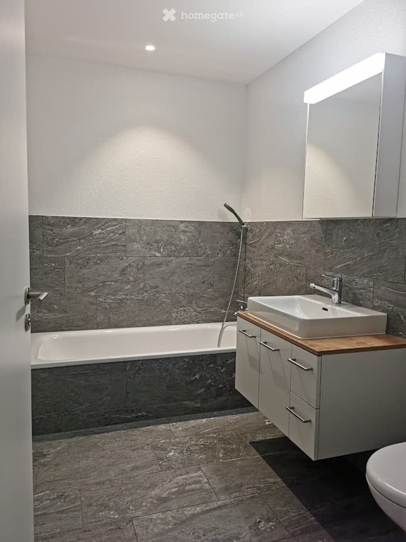 Modern bathroom with a large bathtub, a white sink on a wooden countertop, a mirrored cabinet, and a sleek faucet.