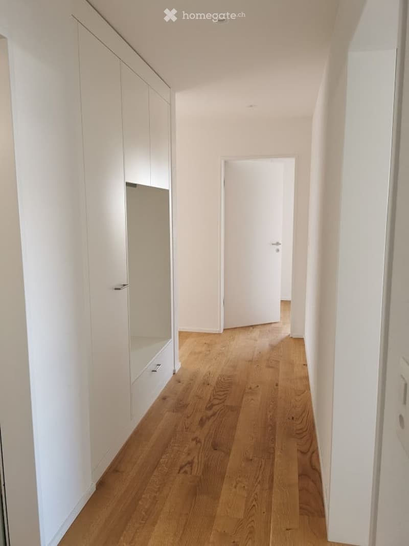 A clean, modern hallway with light wooden flooring, white walls, built-in storage units, and a closed door at the end.
