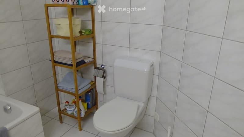 A small bathroom with a white toilet, a wooden shelf holding towels and cleaning supplies, and a bathtub with a silver faucet.