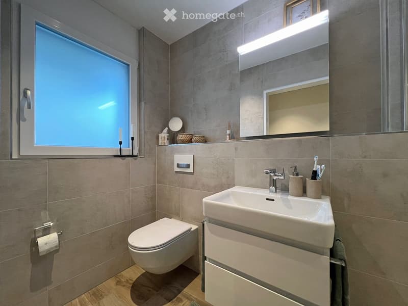 Modern bathroom with a white sink, chrome faucet, toilet, large mirror, and decorative items on the windowsill.