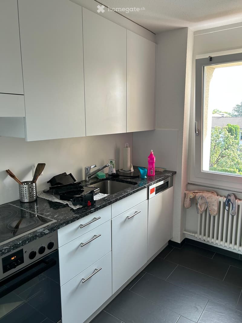 Modern kitchen with white cabinets, granite countertop, built-in oven, sink, and dishwasher. Wooden utensils and a bottle are on the counter, and a radiator is visible near the window.