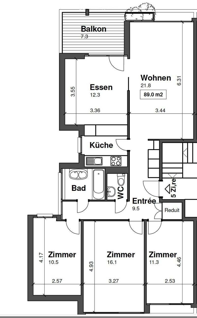 Floor plan of a 3-bedroom apartment with a living area, dining area, kitchen, bathroom, and balcony.
