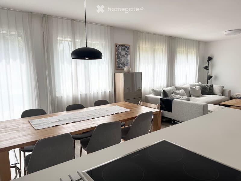 Modern living and dining area with a grey sofa, wooden dining table, grey chairs, kitchen counter with induction stove, and a hanging pendant light.