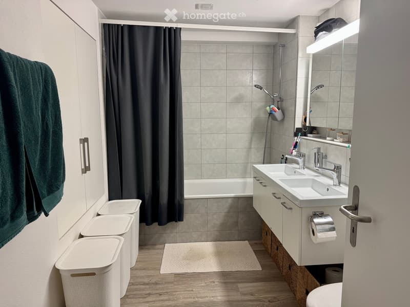 Modern bathroom with double sink, bathtub, toilet, and built-in storage. Features include a large mirror, towel, and three trash bins.