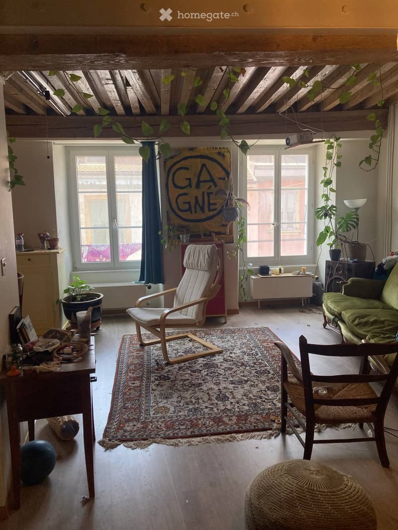 Cozy living room with wooden floor, exposed wooden ceiling beams, large windows, green sofa, white armchair, wooden table, colorful rug, and various plants.