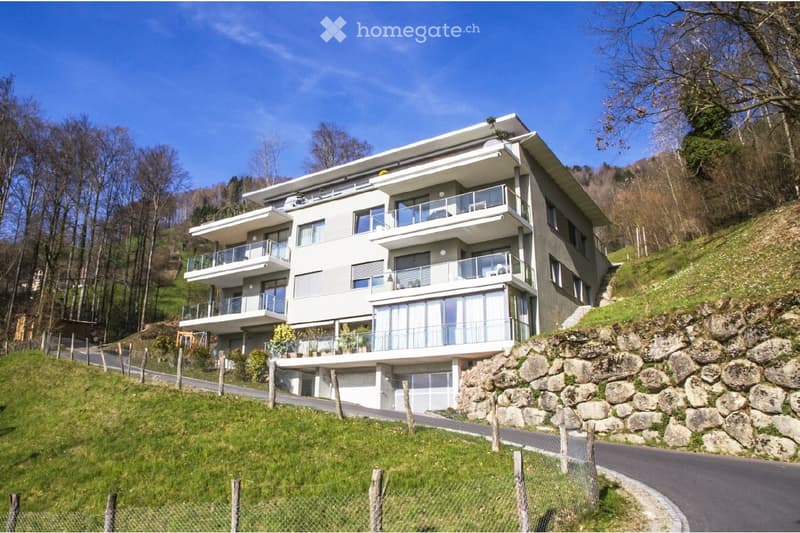 Modern two-story house with multiple balconies, large windows, and a stone retaining wall on a hillside.