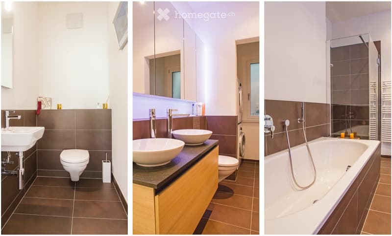 Three modern bathrooms with various fixtures including sinks, toilets, bathtubs, and mirrors. The tiles are dark brown, and the cabinets are light wood.