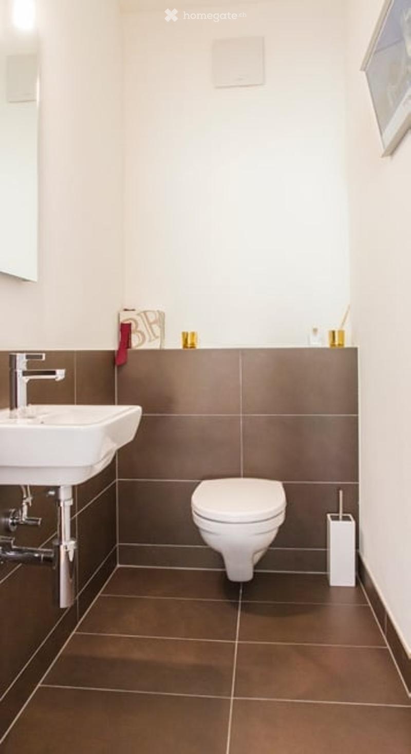 Modern bathroom with a white sink, chrome faucet, white toilet, and a toothbrush holder on the counter. The walls are painted white with brown tiles on the lower half, and the floor is covered with brown tiles.