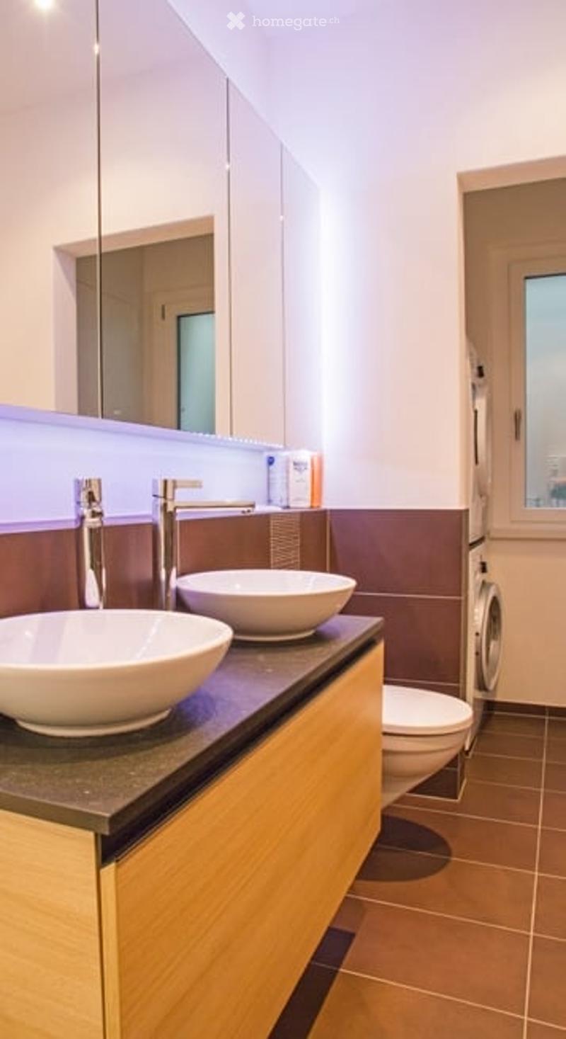 Modern bathroom with two sinks, a toilet, and a private washing machine. Features a sleek wooden vanity, chrome faucets, and a large mirror above the sinks.