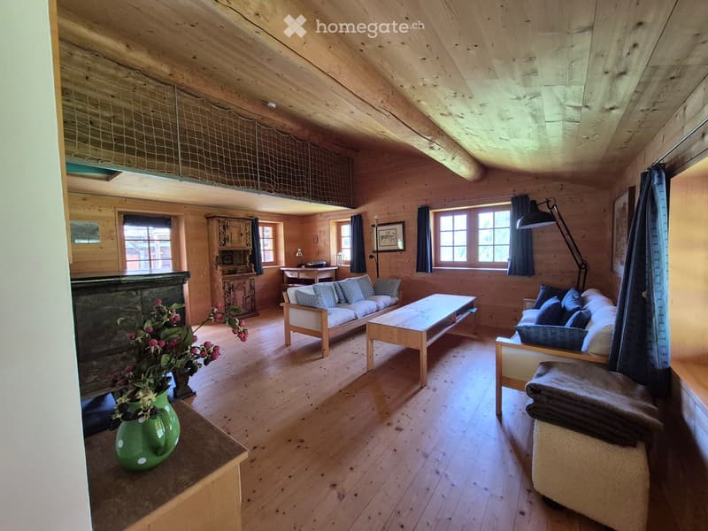 Cozy living room with wooden walls and ceiling, featuring a sofa, armchair, coffee table, fireplace, and decorative vase.