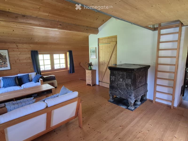Cozy living room with wooden beams, exposed wooden floor, fireplace, sofa, armchair, coffee table, and cabinet.