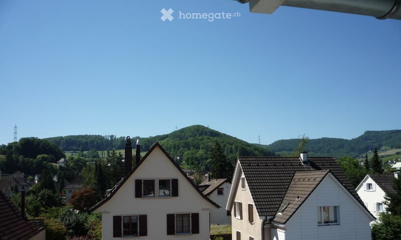 Residential houses with pitched roofs and multiple windows, surrounded by greenery and hills in the background.
