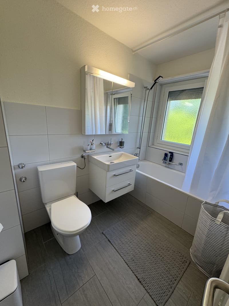 Modern bathroom with a toilet, sink, bathtub, mirror, and showerhead. Features a window with a curtain and a small rug on the floor.