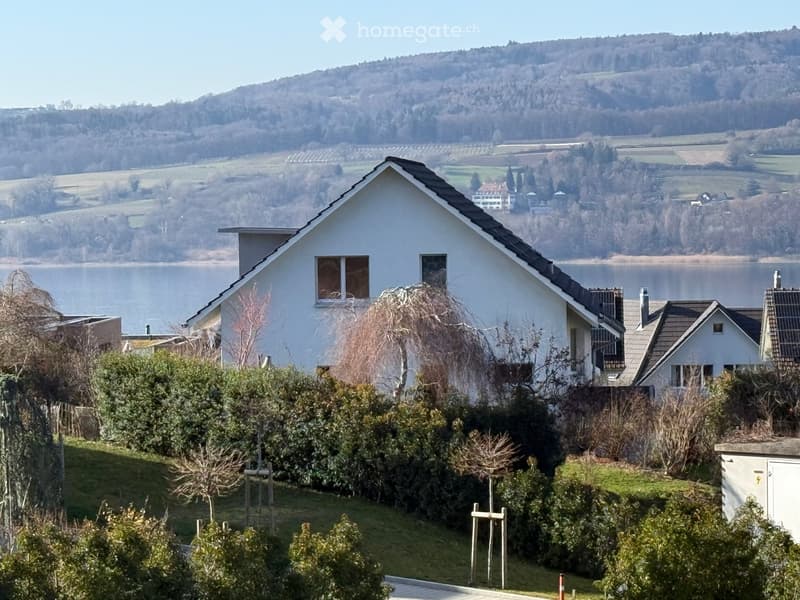white house, gable roof, lake view, mountain view, surrounded by greenery