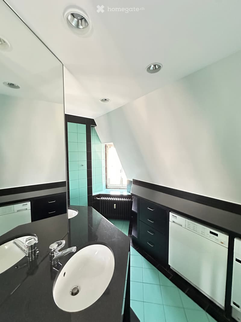 Modern bathroom with black countertops, white sink, chrome faucets, built-in cabinets, and a dishwasher. The room features a skylight and a shower area with blue tiles.