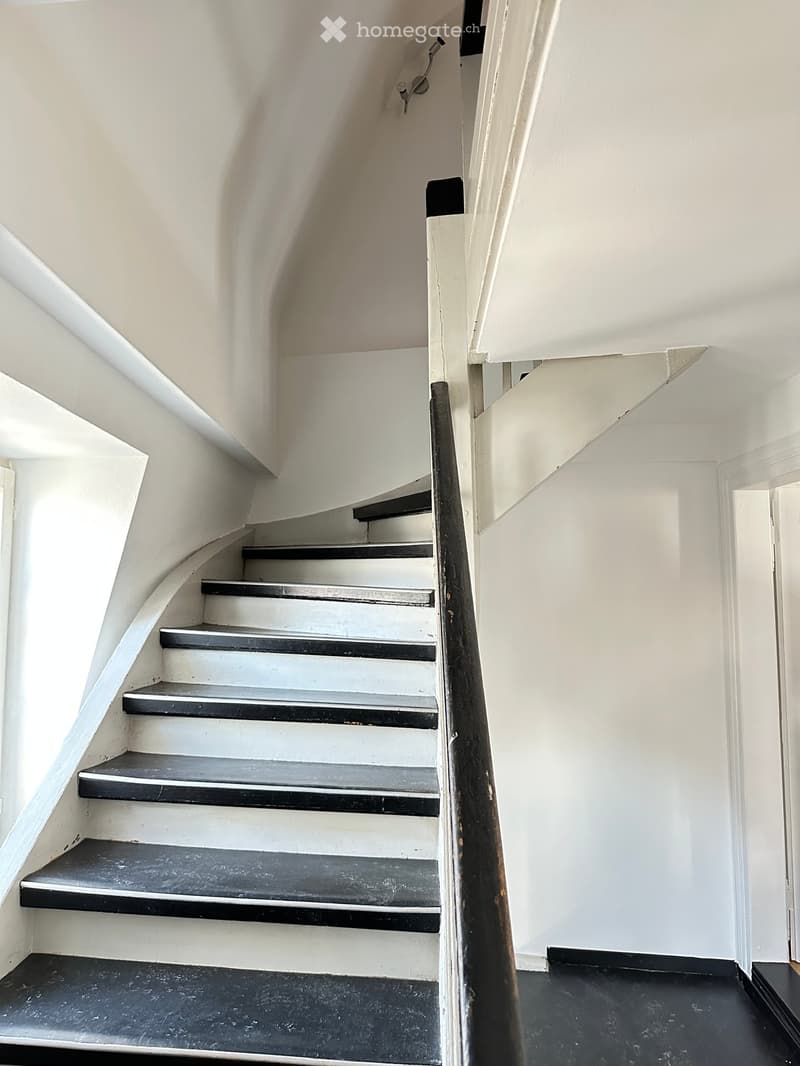 A narrow staircase with black and white steps, white walls, and a dark wooden handrail.