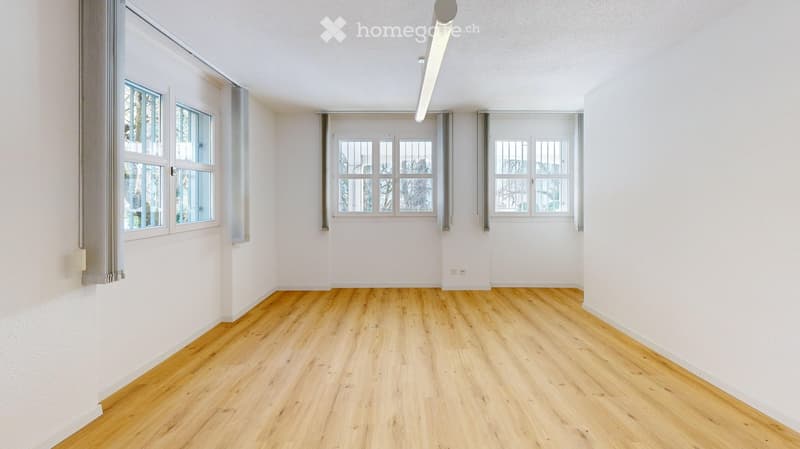 empty room, wooden floor, white walls, three windows, ceiling light