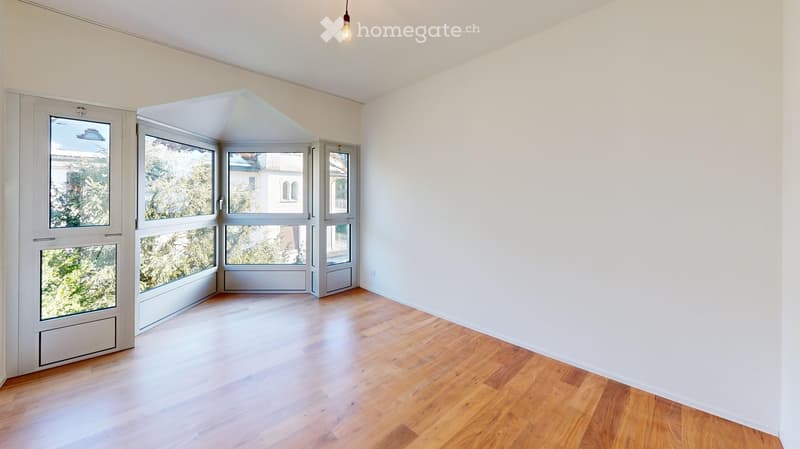 empty room, wooden floor, white walls, large windows, glass doors