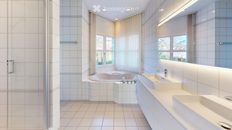 modern bathroom with bathtub, double sink, shower, white tiles, large windows