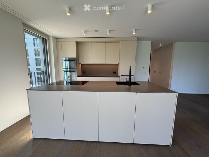 Modern kitchen with white cabinets, a central island, and built-in appliances including an oven and sink.
