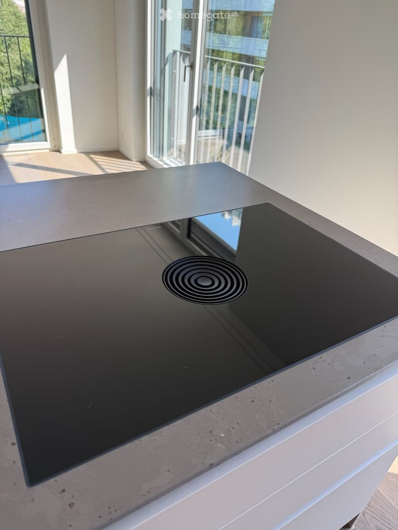 Modern kitchen with a sleek black induction cooktop on a concrete countertop, large windows offering a view of the outdoor area and pool.