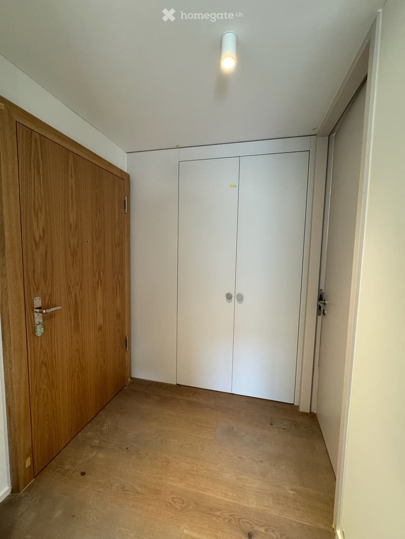 Empty hallway with wooden floor, white walls, and a single ceiling light fixture. Features a wooden door on the left and a white closet on the right.