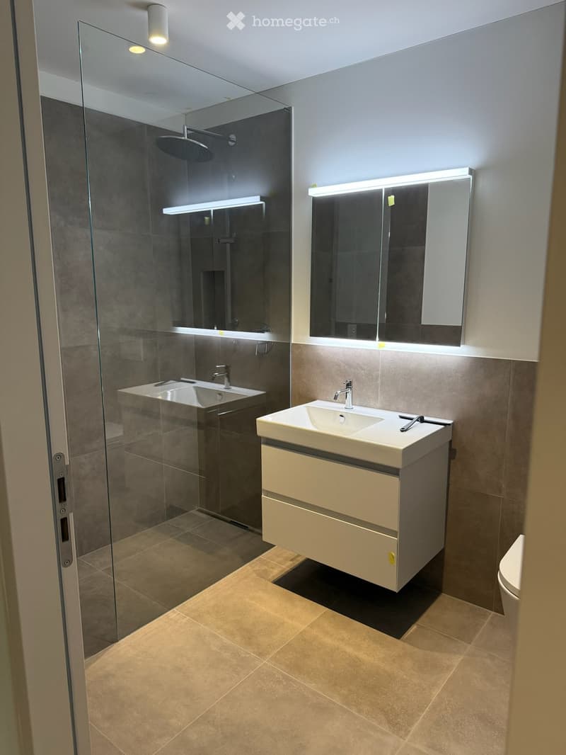 Modern bathroom with a glass-enclosed shower, two sinks, a large mirror with built-in lighting, and a toilet. The walls are tiled in a neutral color scheme, and the floor is covered with beige tiles.