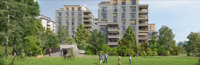 A modern apartment building with multiple floors, surrounded by trees and greenery, with people walking and playing in the park.