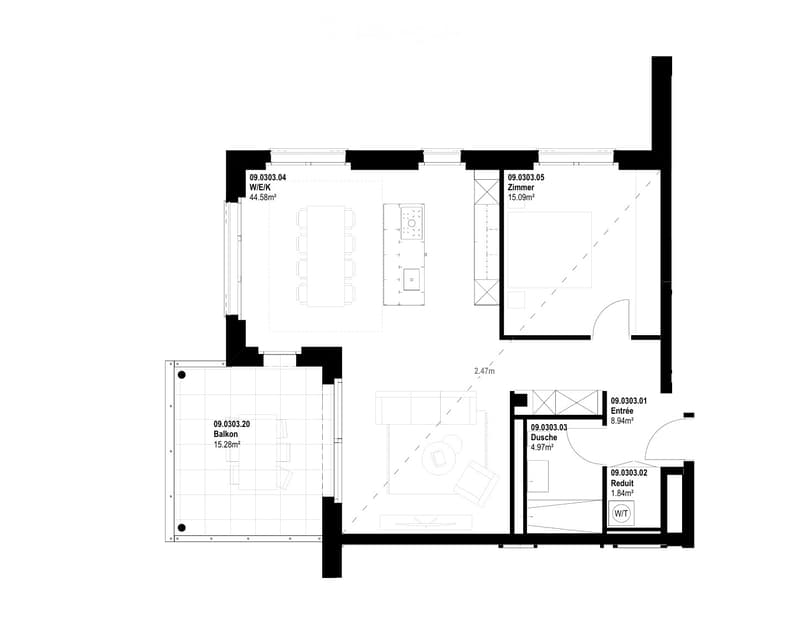 Living room, kitchen, 2 bedrooms, 2 bathrooms, balcony