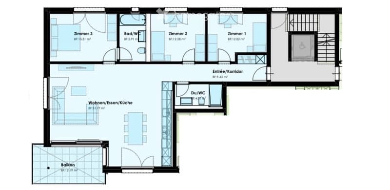 Floor plan of a 3-bedroom apartment with living/dining/kitchen area, two bathrooms, and a balcony.