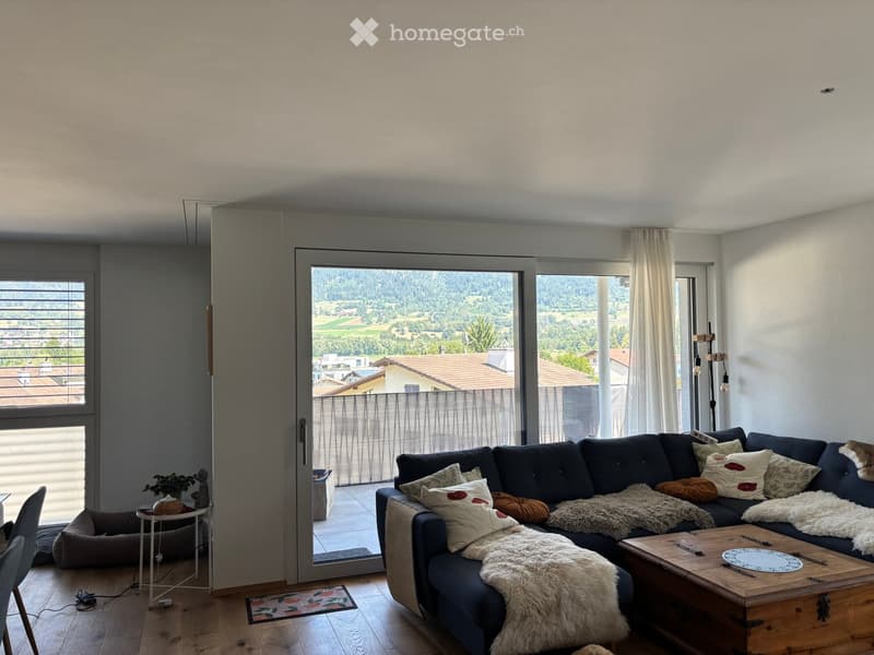 Modern living room with large windows offering a scenic view, featuring a dark blue sectional sofa adorned with throw pillows and a furry throw, a wooden coffee table, a side table with a plant, and a pet bed.