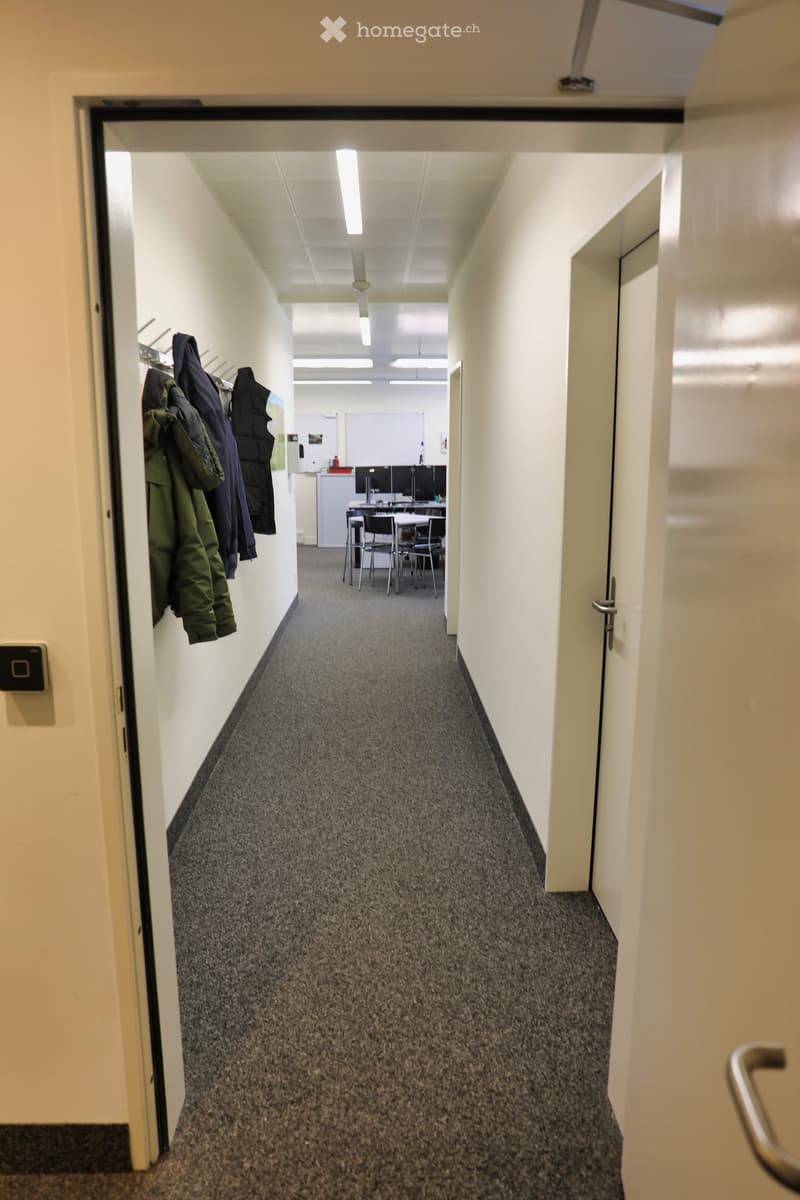 Office hallway, with carpet flooring, desks, chairs, monitors, white walls and ceiling.