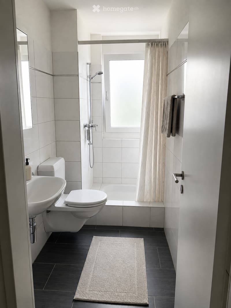 Modern bathroom with white tiles, a bathtub, shower, sink, toilet, and a small white rug on the dark floor.
